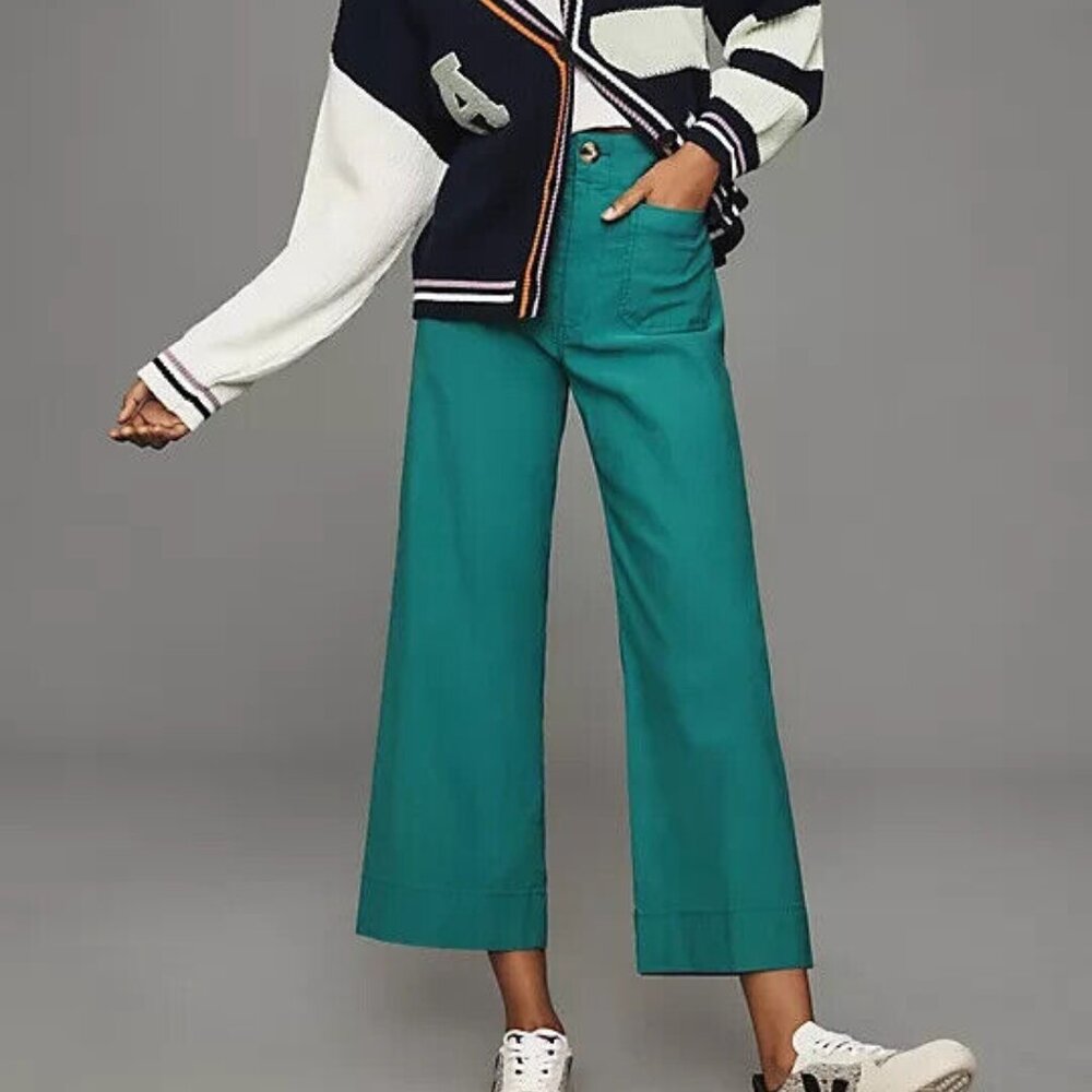 Anthropologie Maeve 31P The Colette Cropped Wide-Leg Pants 31 P Emerald Green
